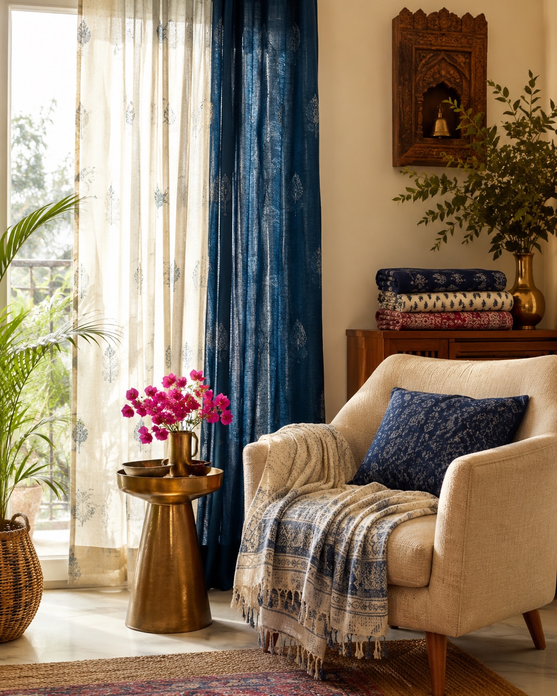 A warmly furnished living room with layered curtains and upholstery